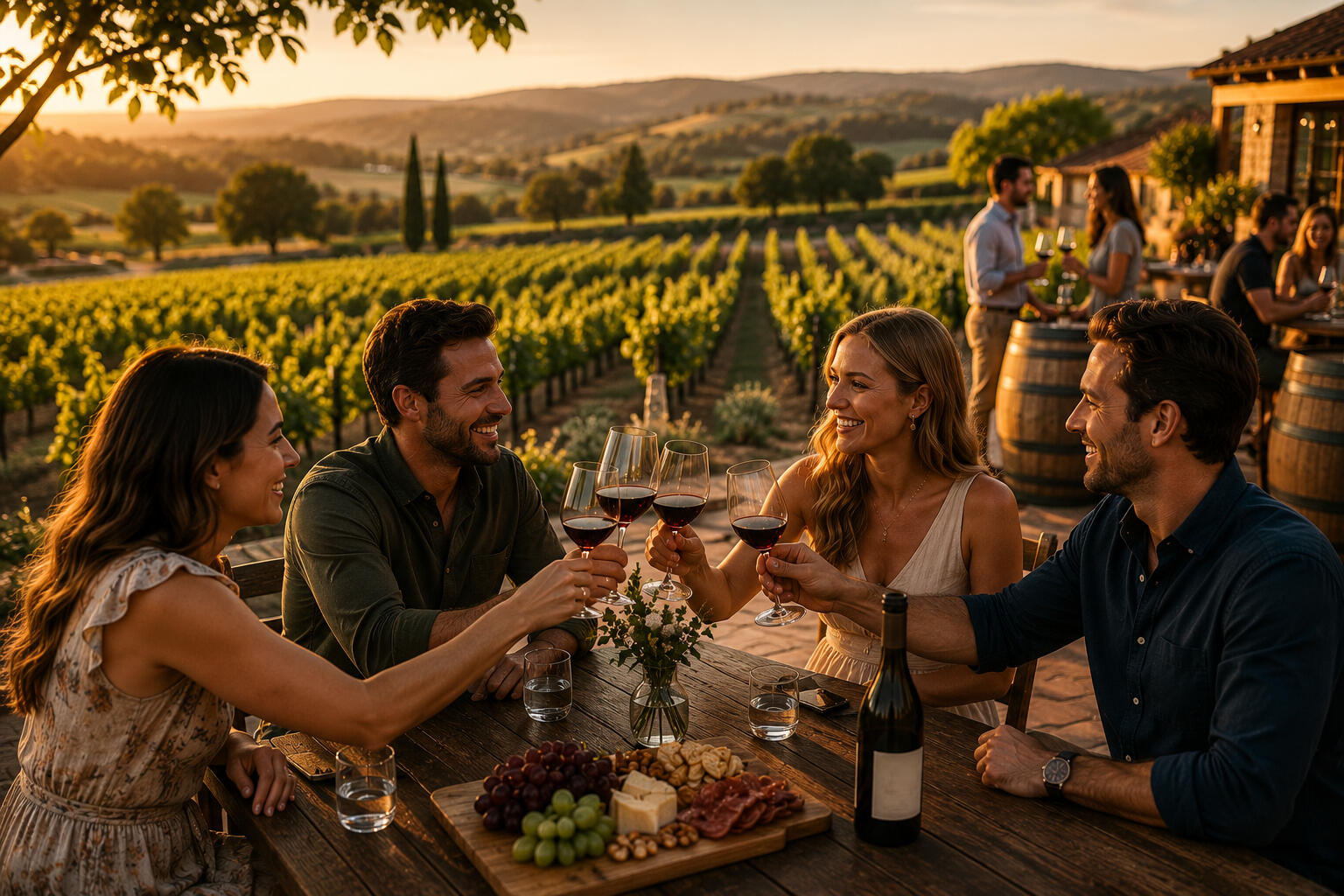 Wineries Couples at a Vineyard sitting down with a charcuterie board and drinking wine.