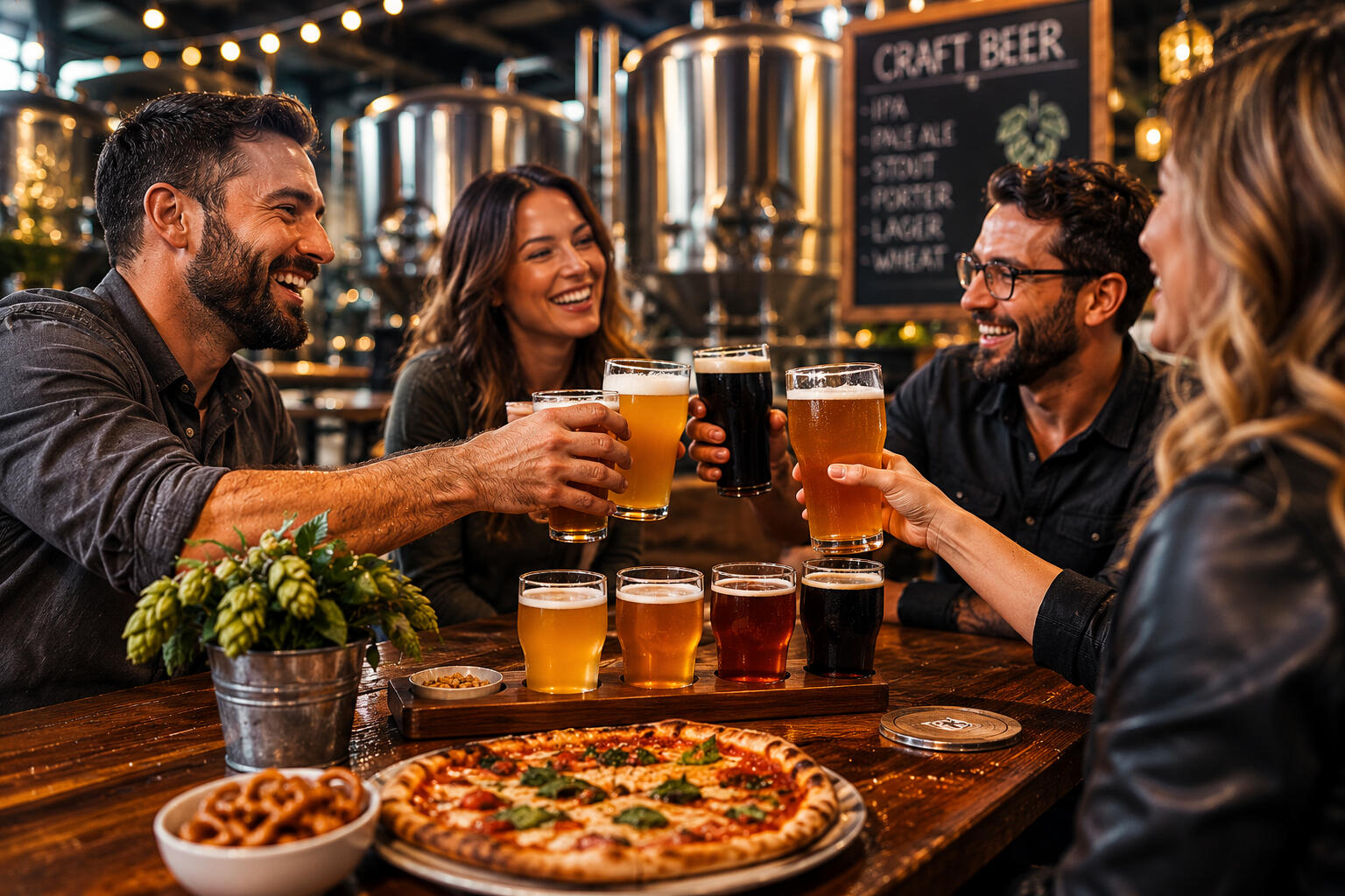 Breweries Two couples sitting around a table at a craft brewery holding beers